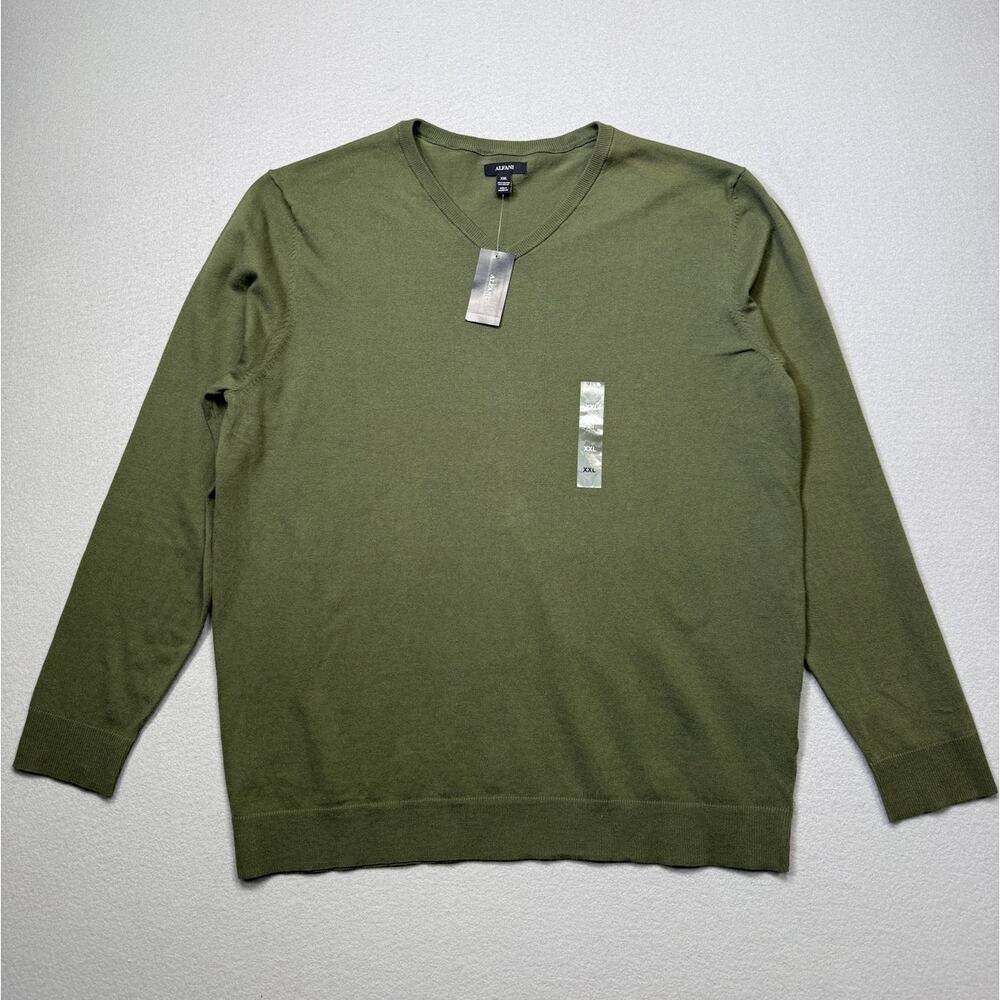 Alfani Men's Solid V-Neck Cotton Sweater Costa Green 2XL $50